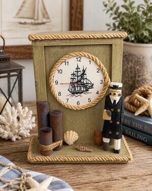 Nautical Maritime Desk Clock Sea Captain Sailboat Wood Rope Decor Tested Works